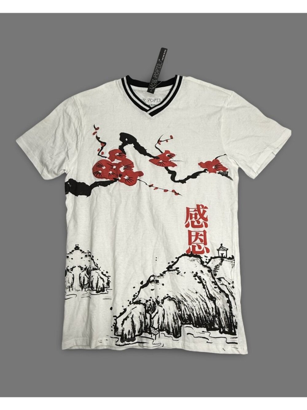 Vox‎ Populi Asian Graphic Art Gratitude T-Shirt Size S White Red Blossoms V-Neck